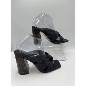 Deltan Black Leather Tortiose Block Heel Square Open Toe‎ Sandals Size 9 M